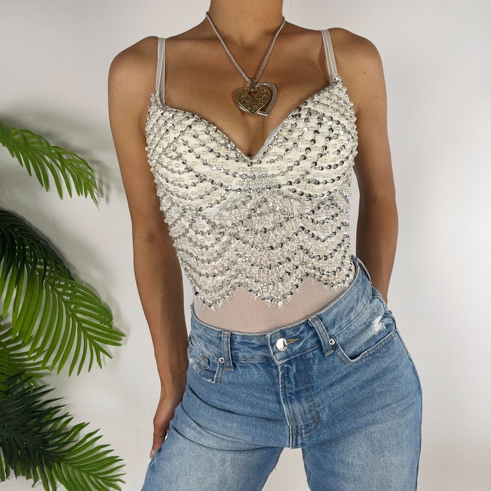 Y2K Windsor White Rhinestone Pearl Beaded Embellished Bodysuit XS - NWT - Picture 4 of 7